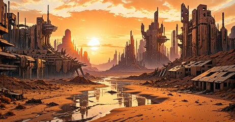 Naklejka premium river through desert sci-fi cyberpunk city at sunset. futuristic dystopian town buildings and tall towers on the horizon. abandoned ghost town oasis.