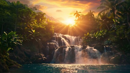 Dramatic waterfall cascading down a rocky cliff into a pool surrounded by dense jungle with a vibrant sunset overhead