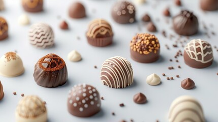 Handcrafted chocolate bonbons with decorative patterns, handcrafted bonbons, artistic chocolates