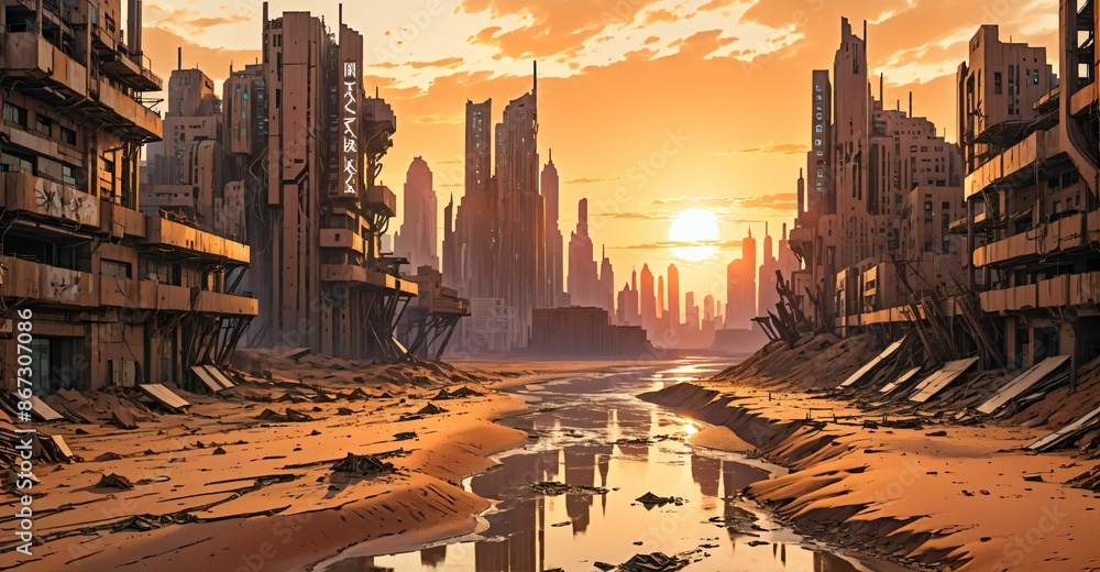 Wall mural river through desert sci-fi cyberpunk city at sunset. futuristic dystopian town buildings and tall towers on the horizon. abandoned ghost town oasis. - Wall murals