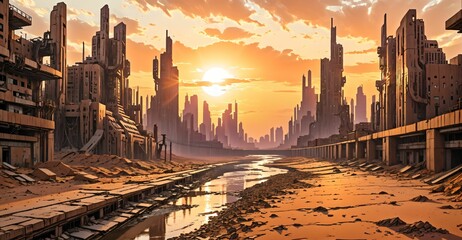 Naklejka premium river through desert sci-fi cyberpunk city at sunset. futuristic dystopian town buildings and tall towers on the horizon. abandoned ghost town oasis.