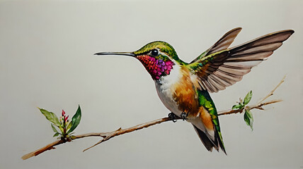 Fototapeta premium Small little Calibri hummingbird, painting sketch oil watercolor art