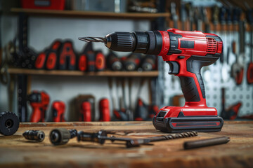A powerful electric drill with a red handle and drill bits scattered around, shown in a workshop setting.. AI generated.