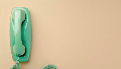 Green telephone handset on light background, top view. Space for text