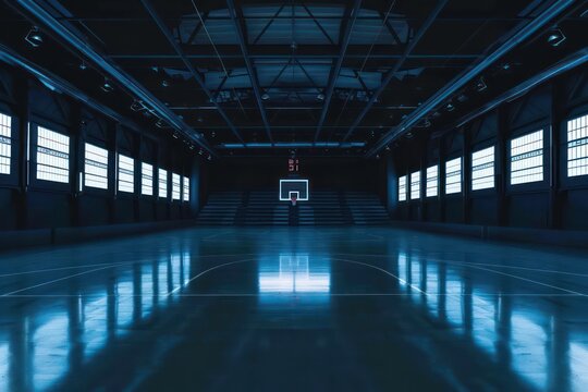 A hightech court designed for fastpaced basketball games, surrounded by digital scoreboards