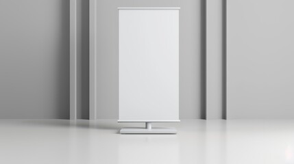 Realistic white empty portable booth stand with blank vertical pull-up banner, perfect for advertising and promotion, modern mockup