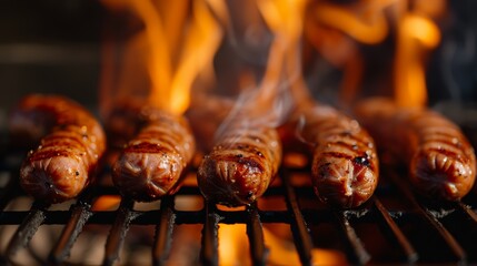 Sausage grilling on fire perfection delicious barbecue, perfection on a barbecue, perfection on a sun-kissed summer afternoon amidst a warm and inviting outdoor barbecue scene