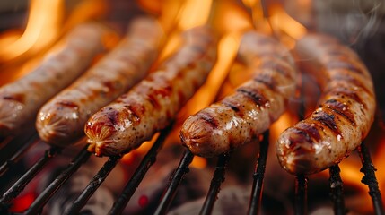 Sausage grilling on fire perfection delicious barbecue, perfection on a barbecue, perfection on a sun-kissed summer afternoon amidst a warm and inviting outdoor barbecue scene