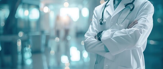 Close up doctor man with stethoscope over white lab coat standing in hospital blurred background.