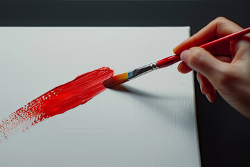 A close-up of a hand holding a paintbrush, the bristles dipped in red paint, hovering over a blank white canvas, ready to create the first stroke.. AI generated.