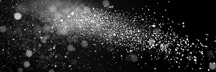 Obraz premium Black background with water spray and white droplets falling, accompanied by floating dust particles