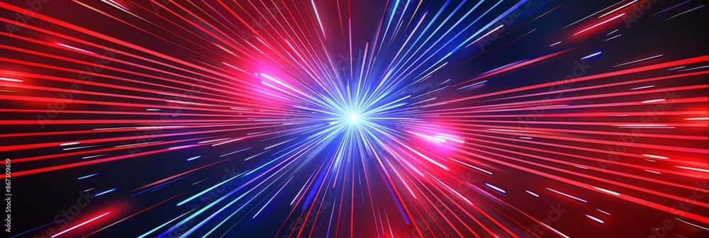 Poster bright red and blue light beams exploding outwards, meeting at a focal point to form a visually stri
