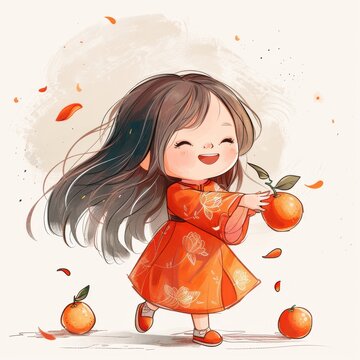 cute little girl, long hair, red chinese dress, happy , running joyfully with mandarin orange in her hand, chinese new year atmosphere, adorable graphics, doodle line, tite , whimsical style