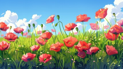 Fototapeta premium Vibrant red poppies blooming in a field under a blue sky. Concept of spring, nature, beauty, and tranquility.
