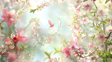 Fototapeta premium A beautiful image featuring a delicate pink bird in flight against a backdrop of pink cherry blossoms in full bloom