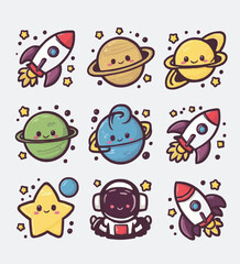 Space printable stickers clipart vector illustration set