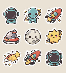 Fototapeta premium Space printable stickers clipart vector illustration set