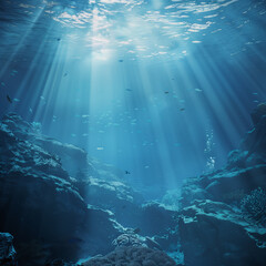 Underwater scene with sun rays shining through the water, creating an ethereal atmosphere. The deep blue ocean is filled with coral reefs and small fish swimming around