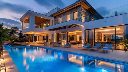 Fototapeta premium Luxury villa with large pool and outdoor seating area at twilight