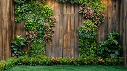 Green Wall Vertical Garden with Lush Plants, Flowers, Forest Tree, and Wooden Plank Wall on Green Grass