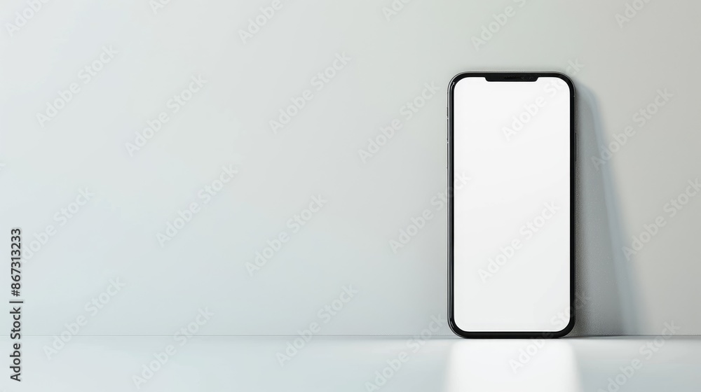 Poster smartphone with empty screen and space beside on white background