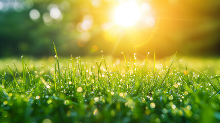 Obraz premium Dew-kissed grass with morning sunlight and bokeh effect