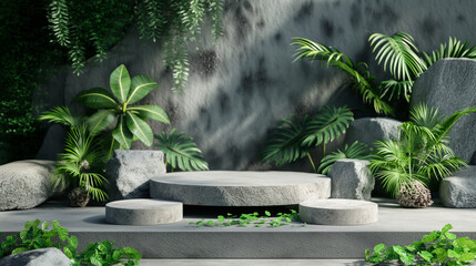 Stone pedestal in a lush green jungle setting. Copy space. Generative AI	