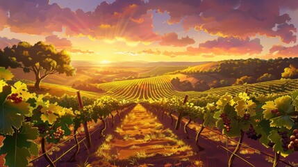 Naklejka premium Scenic vineyard at sunset, rows of grapevines bathed in golden light. Concept of wine, nature, agriculture, and landscape.