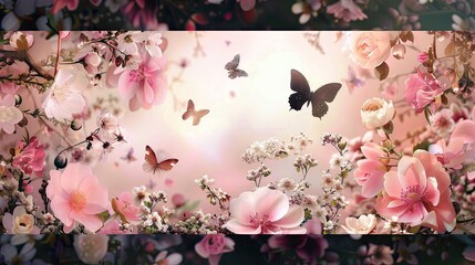 A beautiful image of delicate pink flowers and butterflies in a spring garden, with a soft, dreamy background