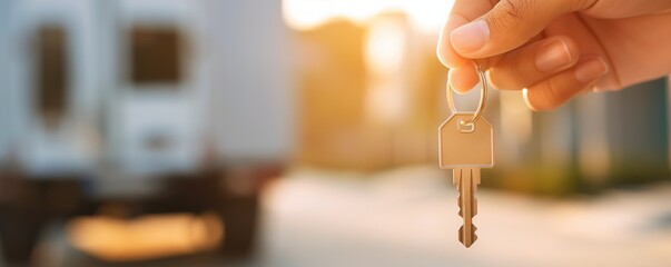 Person holding keys with a blurred moving truck in the background, moving day, relocation