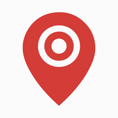 A red location pin icon. The pin is designed with a rounded top, resembling a location marker, and a pointed bottom, indicating direction. It is set against a white background.