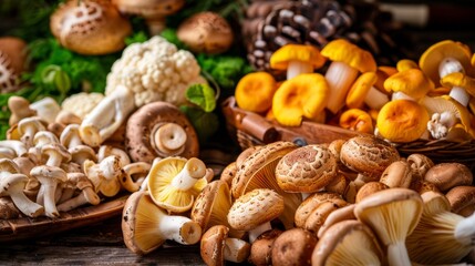 Assorted medicinal mushrooms, detailed and vibrant, rustic kitchen background