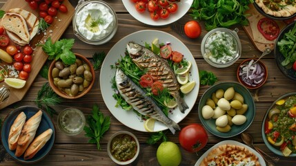 Collection of traditional dishes with a variety of delicious healthy and organic proteins background wallpaper AI generated image