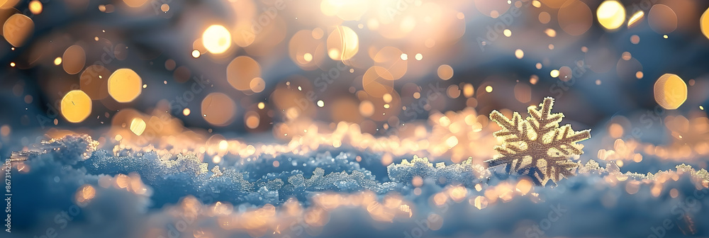 Poster real snowdrift with acrylic crystals, snowflakes on snow with bokeh of christmas lights - this image