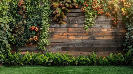 Green Wall Vertical Garden with Lush Plants, Flowers, Forest Tree, and Wooden Plank Wall on Green Grass