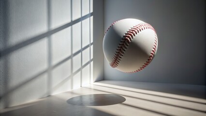 Serene composition showcasing solitary softball suspended delicately within immaculate white surroundings accentuating gentle shadows.