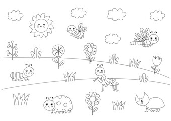 Coloring page for kids. Cute insects and flowers in summer field.