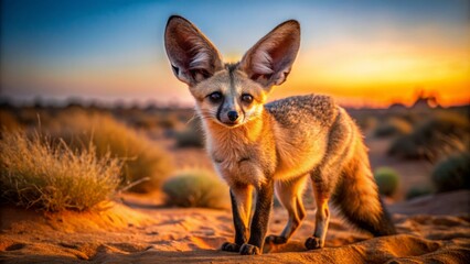 Adorable African bat-eared fox with oversized ears and rusty-red fur stands alertly in arid desert landscape at sunset.