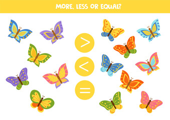 More, less, equal with cute cartoon butterflies. Colorful spring worksheet.