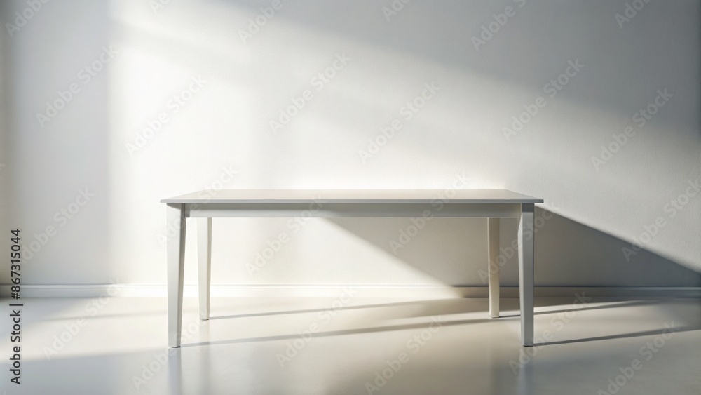 Poster pristine empty white table isolated on a clean white wall background with a subtle shadow and perfec