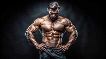 Fototapeta premium Powerful male physique showcased in isolated darkness, rippling muscles exposed, sleek black backdrop provides clean canvas for creative text overlay.