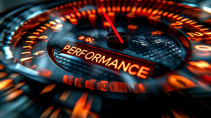 A close-up view of a speedometer with the word "Performance" prominently displayed