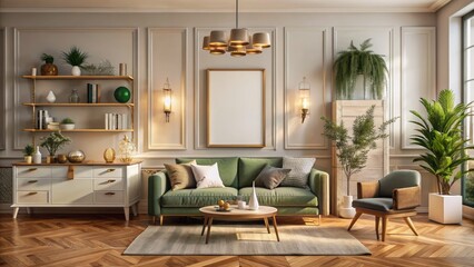 Fototapeta premium Warm and inviting home interior with empty frame on wall, decorated with stylish furniture and ornaments in 3d rendering.