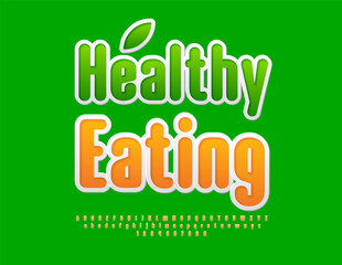Vector eco concept Healthy Eating. ModernSticker Font. Bright Alphabet Letters and Numbers set. 