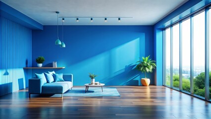 Vibrant, bold backdrop of blue hue serves as a striking contrast to empty, minimalist space, evoking feelings of happiness and calmness.