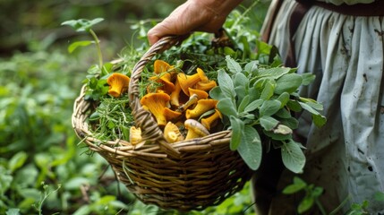 Close up of a hand holding a basket filled with freshly picked wild herbs and mushrooms.