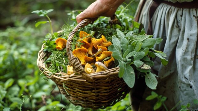 Close up of a hand holding a basket filled with freshly picked wild herbs and mushrooms.