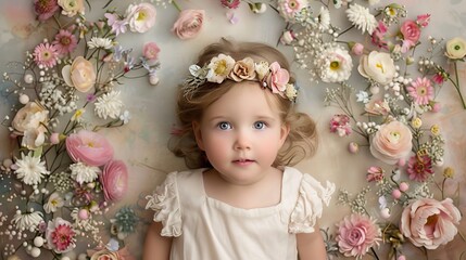 Fototapeta premium A young girl with blonde hair wears a flower crown and lies on a light background surrounded by pink and white flowers