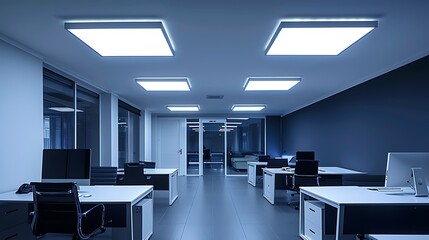 A modern, sleek office space with white desks and black chairs arranged in an L shape around the room's central area that is blank for design purposes. The walls have dark blue or grey color paint on