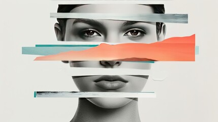 Fototapeta premium A black and white portrait of a woman with her face obscured by colorful stripes